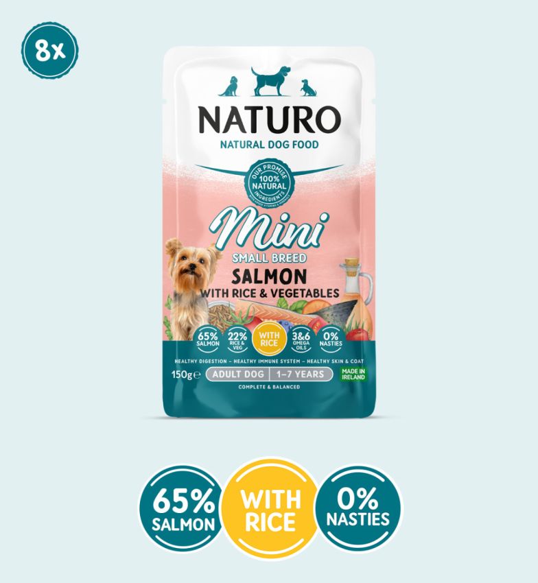 Adult Mini Dog Salmon with Rice and Vegetables Pouch 150g x 8 Naturo Pet Foods